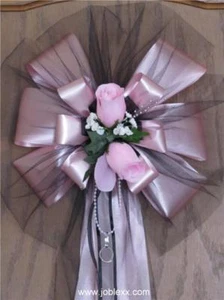 6 PINK ROSES with 2 tones PINK/SILVER flora Satin Ribbon Pew Bows