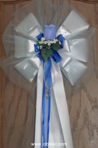 6 SILVER ROSE BABY BLUE/SILVER Flora Satin Ribbon Pew Bows for Occasions