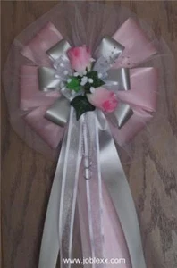 6 ORANGE/SILVER ROSES WHITE satin ribbon pew bows for events